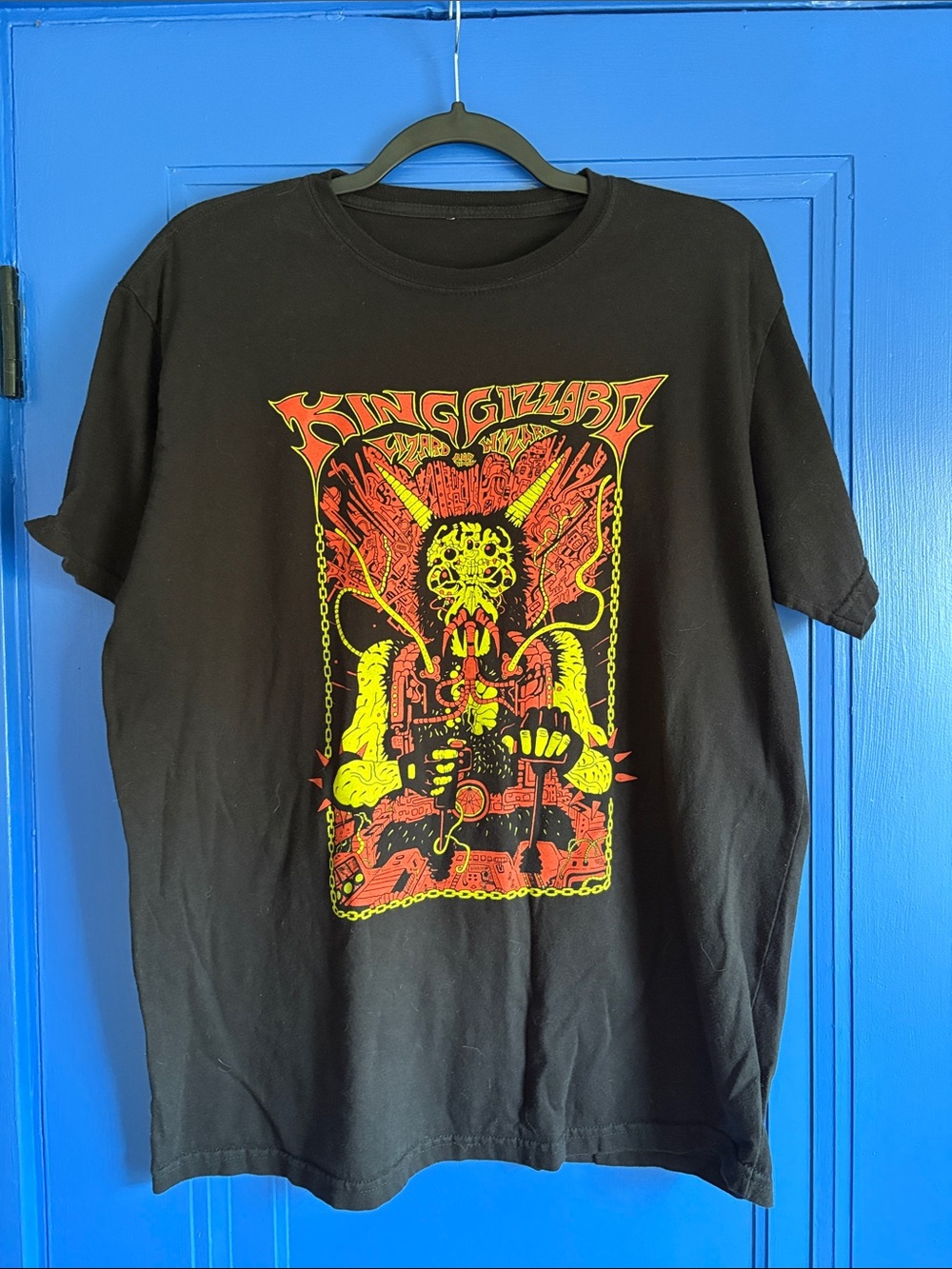 King Gizzard Black Graphic Tee with Red & Yellow Artwork